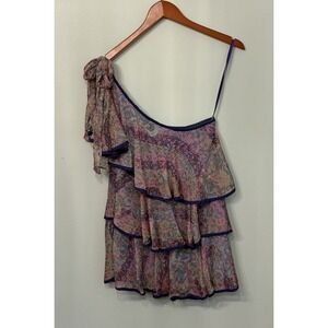 Ruffled One Shoulder Women's Blouse, Large. Bow On Shoulder. Contrasting‎ Trim.